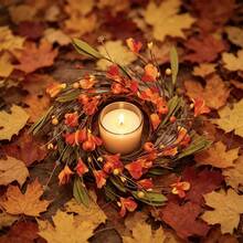 Thanksgiving Candle Rings Unique Fake Pumpkin Berries Candle Wreaths Table Centerpiece For Fall Home Party - Orange - View 2