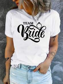 Carta Imprimir camiseta, corto Sve cuello de tripulación top casual para verano y primavera, ropa de mujer - Blanco - Ver 2