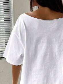 Camiseta con Estampado de Cola de Pez Amarillo Tropical, Blusa Blanca Holgada de Hombros Descubiertos para Vacaciones de Mujer, Verano - Blanco - Ver 5