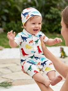 Bộ áo liền quần in hình khủng long sống động cho bé trai mùa hè, thiết kế cổ áo polo rộng rãi, thoáng khí với cúc cài dễ mặc, thời trang và đa năng. - trắng - Xem 9