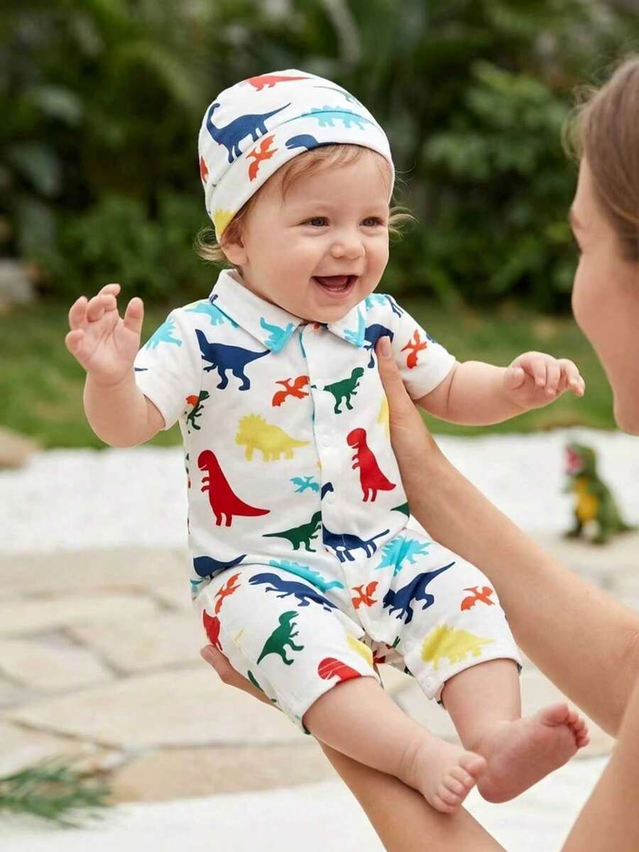 夏季新款男婴活泼恐龙印花连体衣,宽松透气Polo领设计,纽扣方便穿脱,时尚百搭的婴儿服装 - 白色 - 查看 1