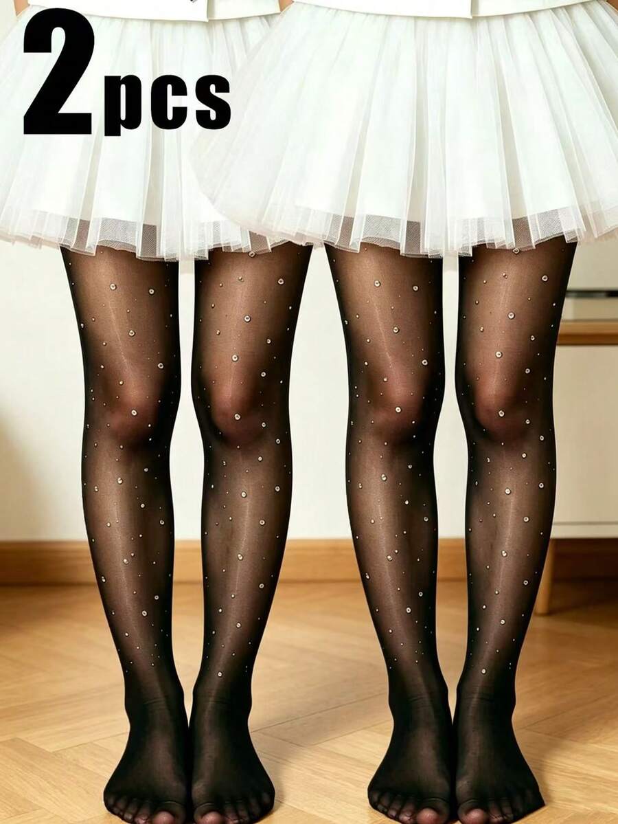 2 đôi quần tất đính đá, quần legging đen lấp lấp lánh cho bé gái, quần tất mỏng thoáng khí, đa năng phù hợp với váy công chúa voan.