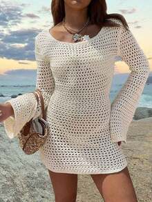 Vestido corto de punto transparente con espalda descubierta y diseño calado, para playa y vacaciones, de unicolor y manga larga, para primavera/verano - Blanco lechoso - Ver 9