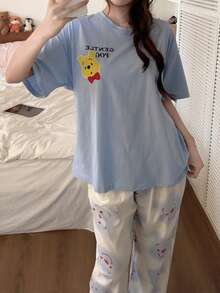 Gongdie Bộ đồ ngủ nữ Disney 2 món, áo tay ngắn và quần dài in hình Winnie the Pooh, đồ ngủ mềm mại thoải mái. - Màu xanh nhạt - Xem 3