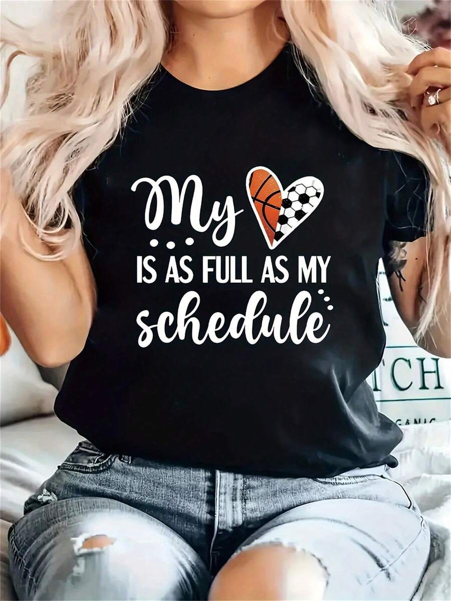 Women's Short Slim Fit Heart Print T-Shirt - Short Sleeve Crew Neck Casual Blouse, Machine Washable Summer Spring Everyday Top with Smooth Texture in Neutral Colors (No Bulk)