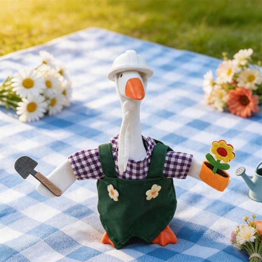 Gardener Desk Goose Outfits 7 Inch Mini Goose Hat 2 In 1 Shirt Overalls Costume For Spring Desk Goose Statue Decor - A - View 1