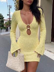 Abito lungo a maniche lunghe in maglia con scollo a V, nuovo per primavera/estate, sexy per le vacanze - Giallo - Visualizzare 1