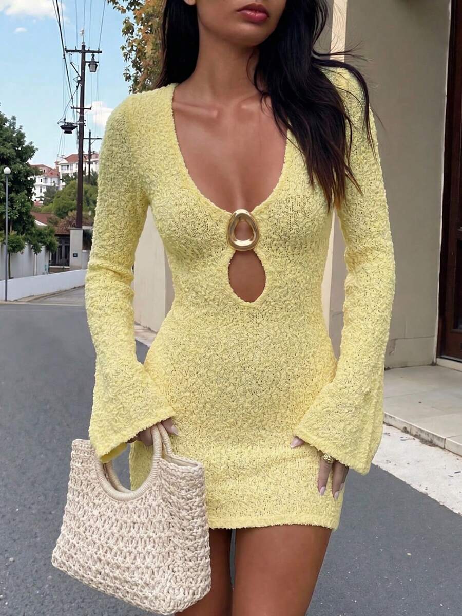 Abito lungo a maniche lunghe in maglia con scollo a V, nuovo per primavera/estate, sexy per le vacanze - Giallo - Visualizzare 1