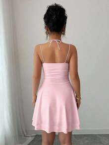Vestido rosa color sexy con espalda descubierta y sin mangas, con pliegues, ideal para cumpleaños, conciertos, citas nocturnas, verano, fiestas de piscina y graduación - Rosa Pálido - Ver 2