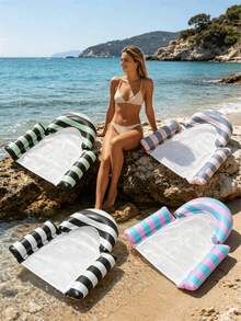 1 pieza Cama flotante inflable, diseño a rayas, de doble uso con almohada, apta para agua, playa, piscina, cama/silla flotante, dispositivo flotante de agua, asiento de descanso en el agua, flotador de piscina, balsa, bomba de aire se vende por separado - Varios estilos - Ver 3
