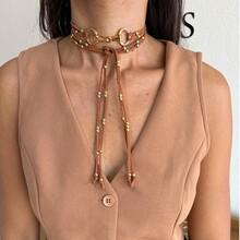 Long Gold-Tone Bridle Necklace With Small Beads, Country Western Cowgirl Boho Style, Women's Leather. - 駝色 - 查看 2