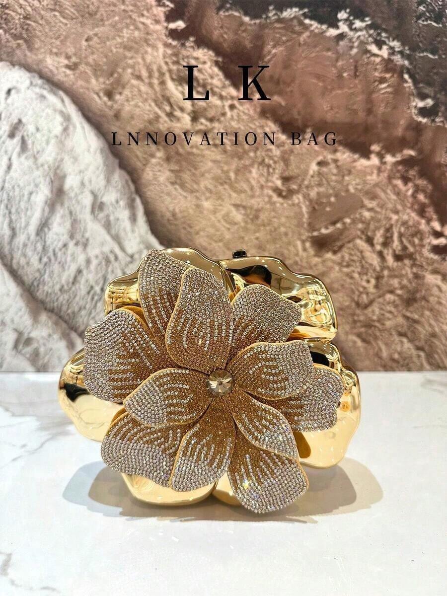 1pc Luxury Gold Color Rhinestone Shiny Women's Handbag, Elegant Acrylic Clutch Purse, Floral Design Wallet Suitable For Party, Wedding, Prom, Banquet;1pc Gold 3D Flower Fully Studded With Rhinestones Evening Clutch Bag, Metal Chain Shoulder/Handheld 2-Way, Magnetic Closure, Glamorous Red Carpet Style, Suitable For Christmas Party, Wedding, Bride Gift , Gold Bag, Bags Ladies Elegant - 金子 - 查看 1
