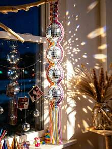 1pc Tasseled Woven Multi-Ball Disco Ball Wall Hanging, Boho Vintage Disco Ball Decor, Rainbow Woven Disco Ball Ornament, Fashionable Indoor Party Wall Decoration, Boho Hanging Disco Ball, Multi-Ball Mirrored Disco Ball, Living Room Bedroom Decor, Modern Boho Disco Ball Wreath, Tasseled Disco Ball Decoration, Colorful Retro Disco Ball Ornament - Multicolor - View 4