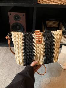 新款高品质简约复古大容量斜挎包，户外休闲沙滩度假编织草编包，小众女士手提包 - 彩色 - 查看 4