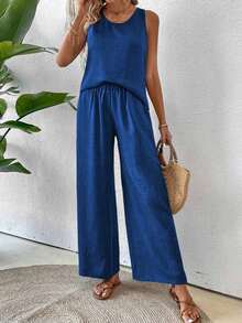 Conjunto de top sin mangas y pantalones de pierna ancha con parte posterior de malla de encaje para mujer, color albaricoque, para primavera/verano - azul real - Ver 5