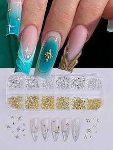 1 Box 12 Compartments Alloy Silver & Gold Star Nail Art Decorations, Assorted Star Shaped Metal Nail Accessories - Multicolor - View 2