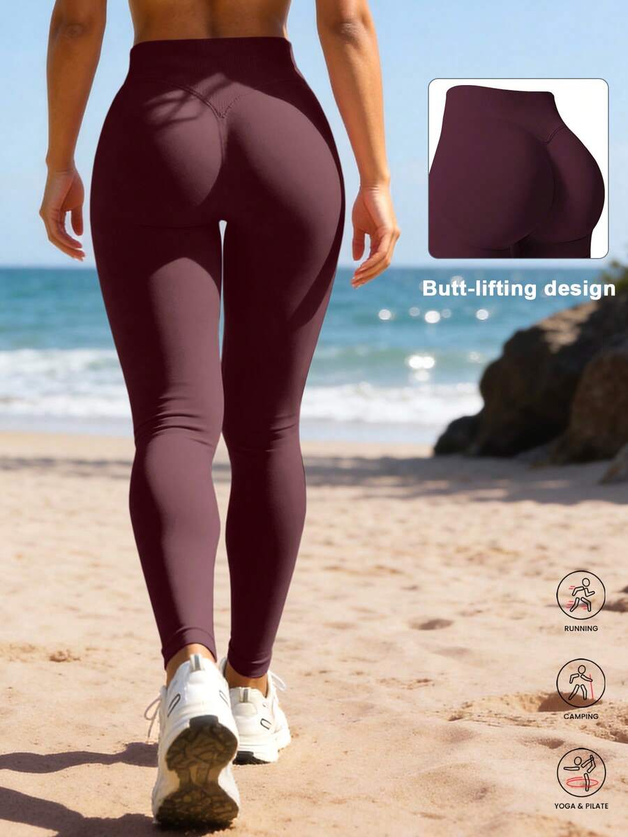 1pc Women's Solid Color Ribbed High Waist Seamless Elastic Outdoor Sports Pants - Burgundy - View 1