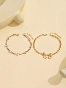 2pcs/Set Versatile Alloy Metal Bow Tie & Faux Pearl Rhinestone Anklet Jewelry, Suitable For Women's Daily Outfit, Beach, Party Wear. Chain Length Customizable - Multicolor - View 2