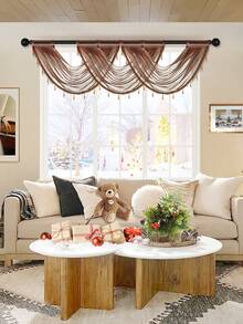 1pc Chocolate Brown Ruffle, Minimalist Style Elegant Beaded Polyester Fiber Curtain, Suitable For Living Room And Bedroom Window Decor - Chocolate Brown - View 8