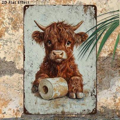 1pc 2D Flat Vintage Highland Cow Metal Sign, Distressed Finish, Suitable For Bathroom, Man Cave, Garden, Farmhouse, Bar, Cafe, Western Home Decor, Pre-Drilled Holes As Shown In Size