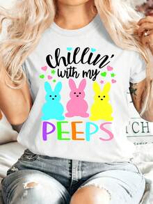 Easter Gift Women's Summer Clothes "Chillin' With Me" Print Crew Neck Short Sleeve T-Shirt, Comfortable Soft Elegant Vintage Casual Party Versatile Spring Summer Autumn Winter Sporty Top Available In Sizes S-XXL - 白色 - 查看 1