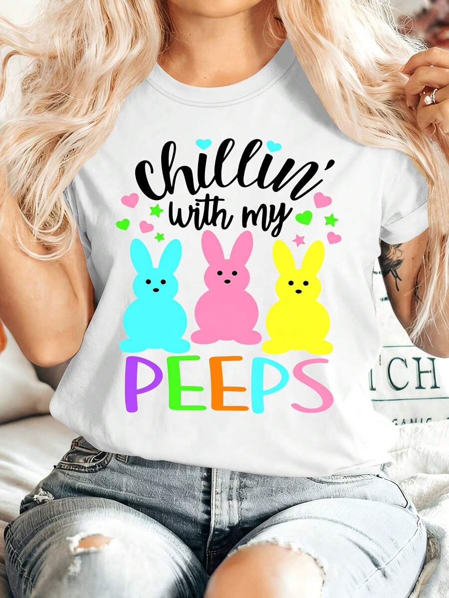 Easter Gift Women's Summer Clothes "Chillin' With Me" Print Crew Neck Short Sleeve T-Shirt, Comfortable Soft Elegant Vintage Casual Party Versatile Spring Summer Autumn Winter Sporty Top Available In Sizes S-XXL - 白色 - 查看 1