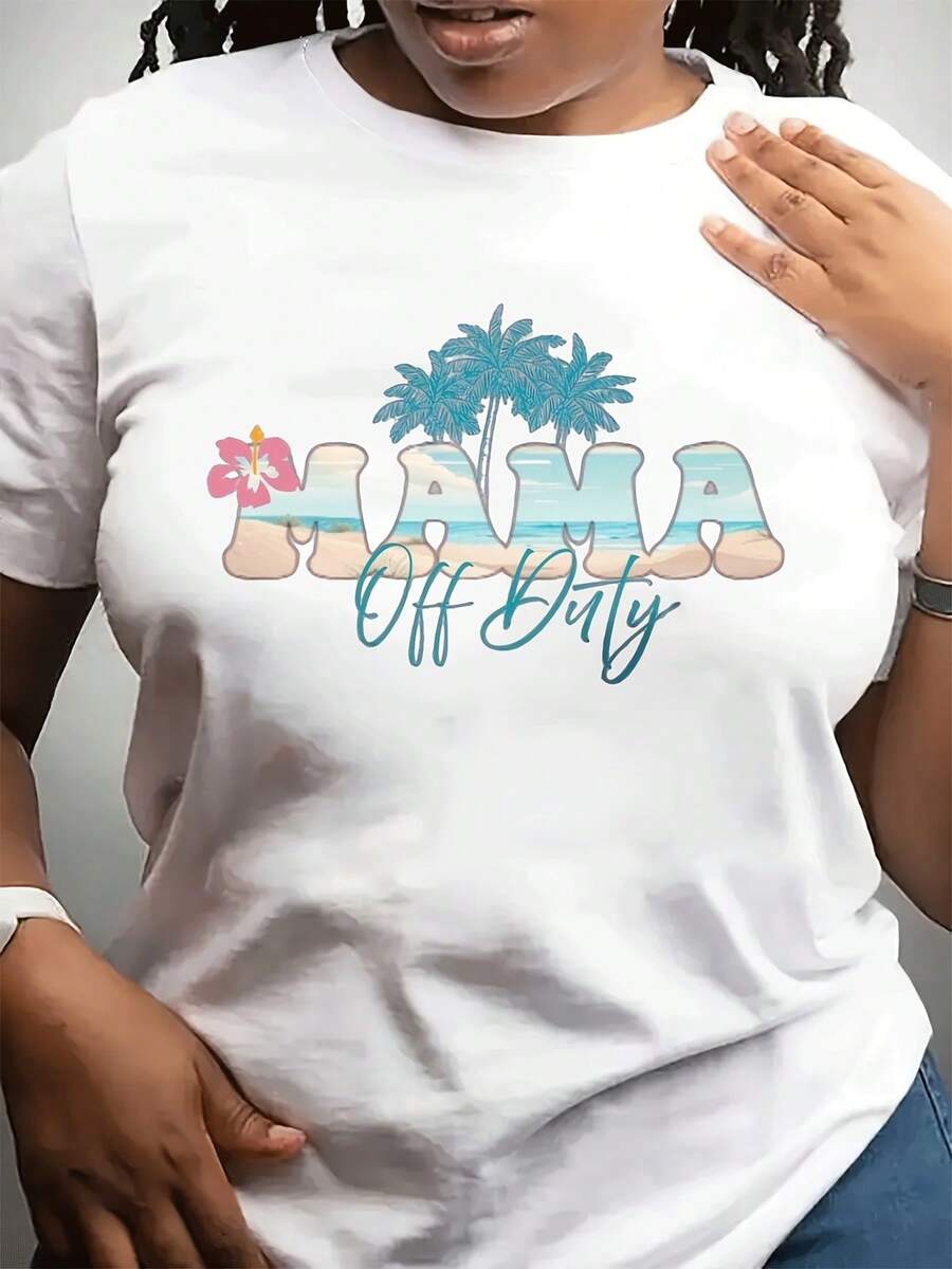 Camiseta casual de moda de cuello redondo de las mujeres de Pascua | Patrón de la playa de Hawai, estilo de vacaciones de verano, cuello de la tripulación, tejido estirable ligero, corto Sve
