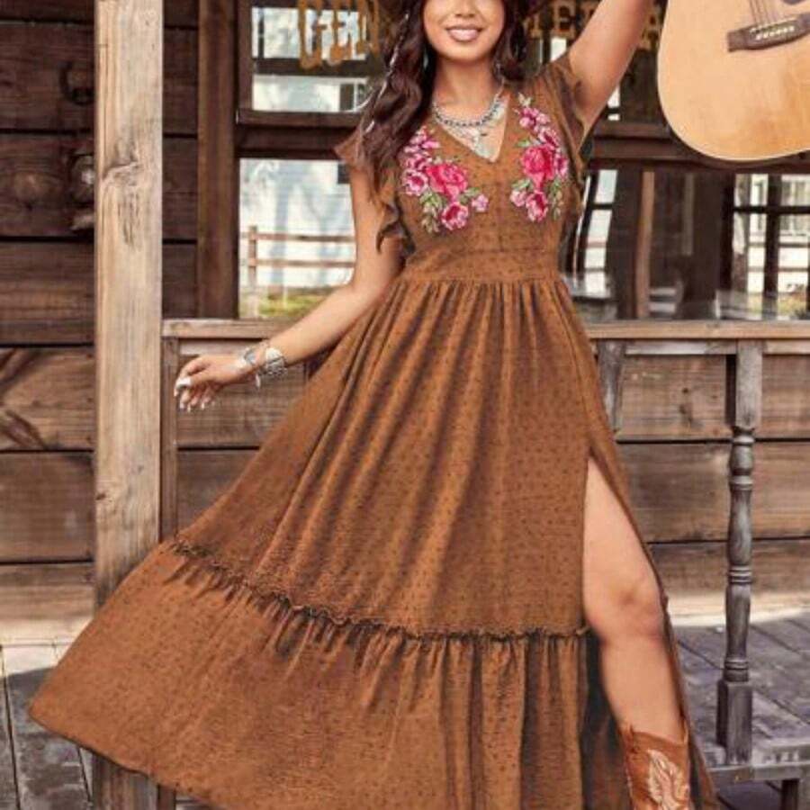 LUNE Plus Size Women's Western Retro Style Bohemian Hippie Embroidered Festival Casual Vacation Jacquard V-Neck Short Sleeve Dress - Óxido marrón - Ver 1