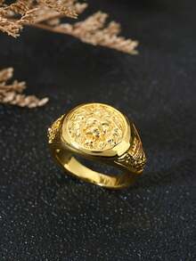 1 pieza Anillo de cobre con forma de león personalizado, de estilo de negocios de lujo y hip hop, regalo de joyería para boda, compromiso y fiesta - Dorado - Ver 12