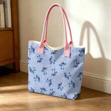 Disney Lilo & Stitch Canvas Tote Bag - All-Over Stitch & Flower Print Shoulder Bag For Daily Use - Black - View 2