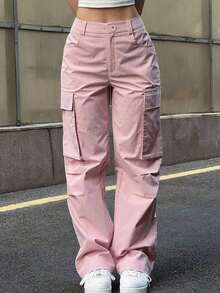 Pantalones cargo de unicolor casual y sencillo para primavera - Rosa - Ver 6