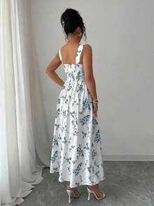Nuevo Vestido elegante de cintura fruncida con estampado floral para mujeres, estilo de primavera/verano - Azul 2 - Ver 10