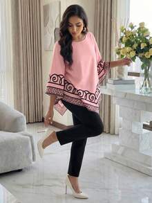 SHEIN Lady Áo cánh rộng cổ tròn tay loe 3/4 họa tiết hình học viền bất đối xứng dành cho nữ - Nhiều màu - Xem 8