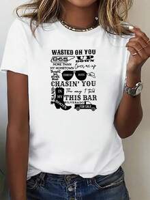 Camiseta de Manga Corta Uni para Hombres y Mujeres - Estampado de Letras, Tela Suave y Transpirable, Cuello Redondo, Ropa Casual y Deportiva, Lavable en Máquina, Regalo Temático Musical - Blanco - Ver 2