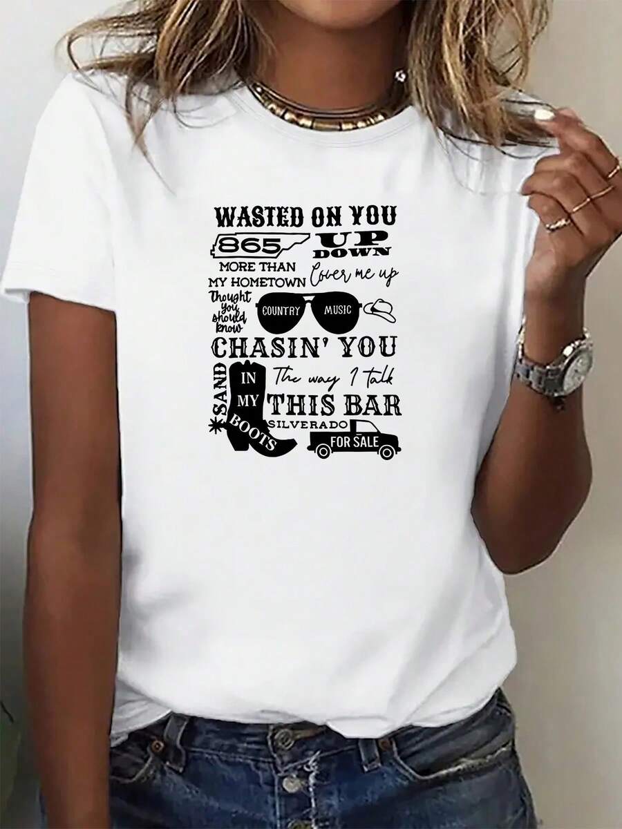 Camiseta de Manga Corta Uni para Hombres y Mujeres - Estampado de Letras, Tela Suave y Transpirable, Cuello Redondo, Ropa Casual y Deportiva, Lavable en Máquina, Regalo Temático Musical