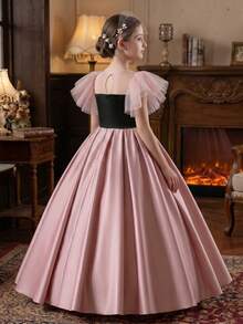 Teen Girl Elegant Ruffle Sleeve Handmade Beaded Black & Lotus Pink Satin Long Party Dress With 3D Bow Waist And Flared Skirt, Suitable For Wedding, Birthday, Party, Prom, Banquet, Flower Girl, Bridesmaid, Graduation - Dusty Pink - View 7