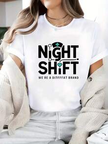 Graphic Print Letter Casual Sports T-Shirt, Loose Round Neck Short Sve Running Top, Spring Summer Women's Clothing - 白色 - 查看 1