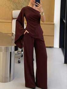Elegaris Women's Elegant Red-Brown Asymmetric Shoulder Ruched Sleeve Top And Wide Leg Pants 2-Piece Set, Fashionable And Casual - Brown - View 5