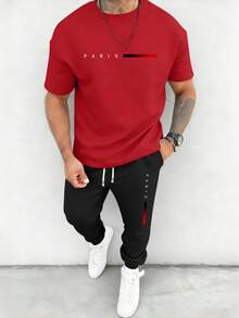 Bộ 2 món gồm áo thun ngắn tay dáng regular fit mùa hè in chữ Paris và quần ống rộng có dây rút, trang phục thường ngày cho hoạt động ngoài trời, thích hợp làm quà tặng cho chồng hoặc bạn trai. - Nhiều màu - Xem 3