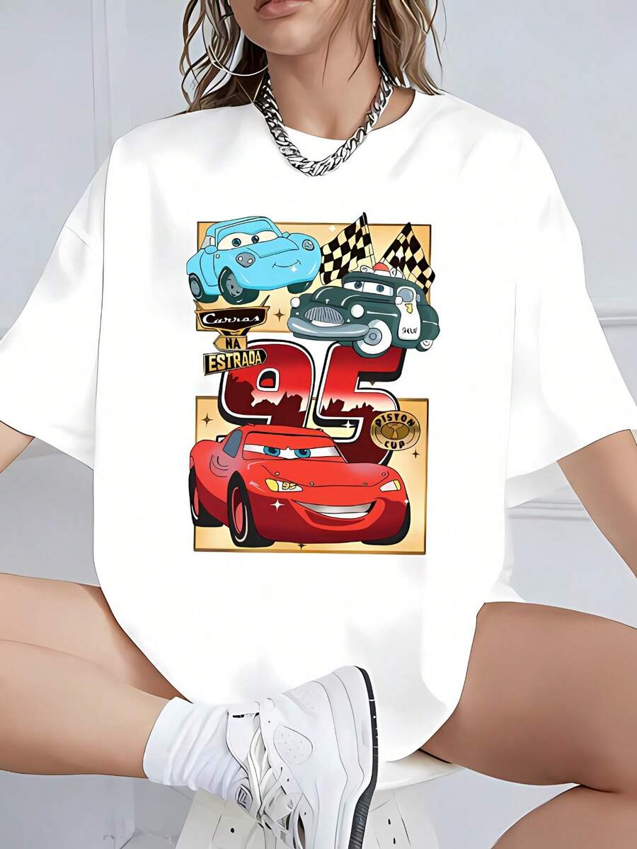Disney Casual Women's Black Cotton Round Neck Short Sleeve T-Shirt With Lightning McQueen Car Graphic Print, Men's Sizes Suitable For The Whole Family - 白色 - 查看 1