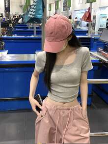 Áo thun ngắn tay cổ chữ U ôm dáng phong cách Hàn Quốc, màu trơn, thiết kế nhún, dáng croptop, casual mùa hè - Xám - Xem 4