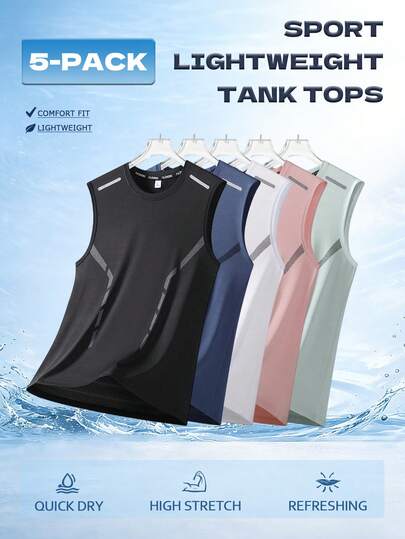 5pcs/Set Men's Summer Mesh Sleeveless Tank Tops, Sports Fitness Training Casual Vest