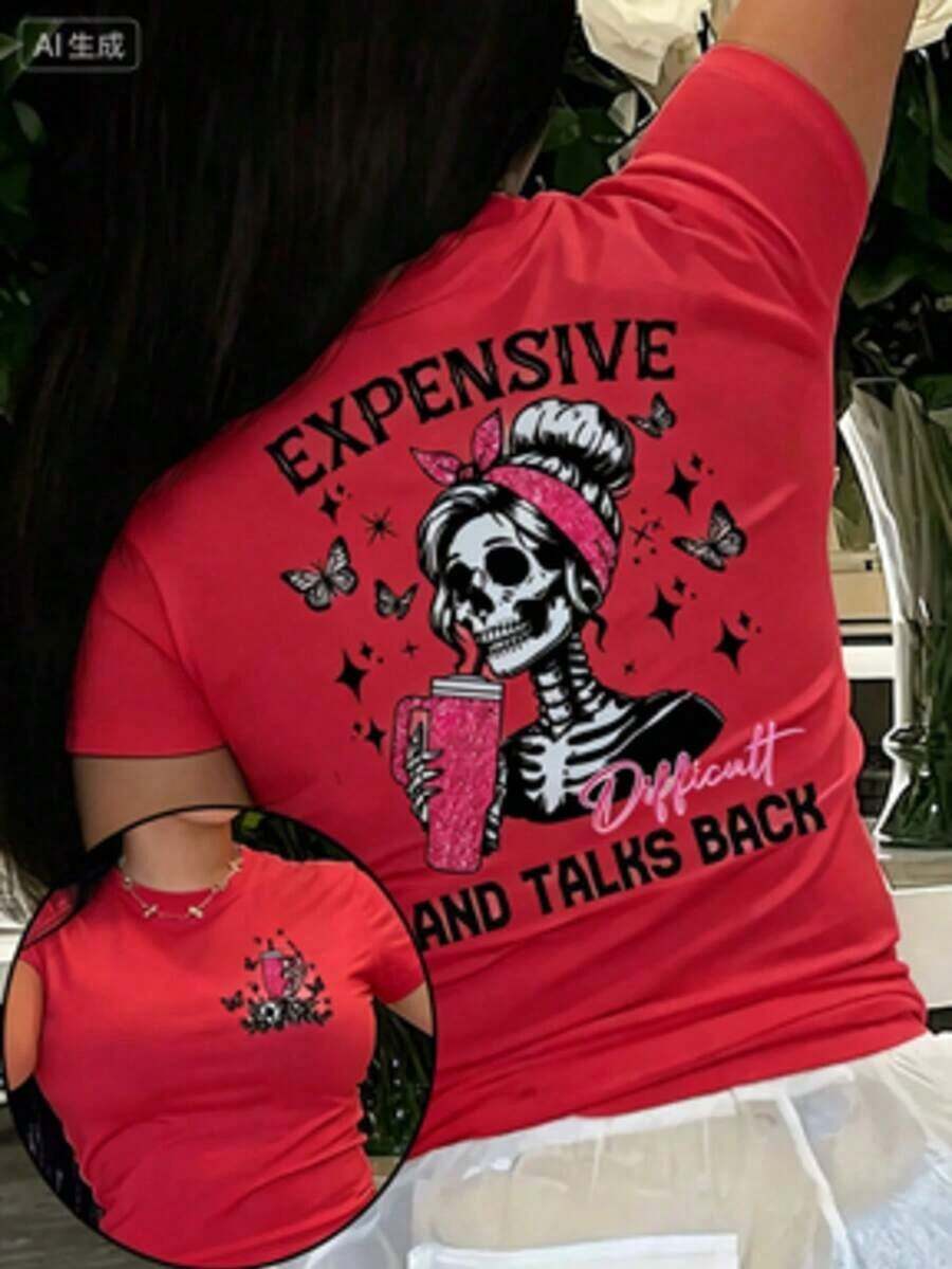 Camiseta de Mujer con Estampado de Calaveras - Una Camiseta Vanguardista de Cuello Redondo con Estampado de Mariposas y Estrellas, con el Eslógan "Expensive Talks Back", una Camiseta Casual de Manga Corta Transpirable para Primavera y Verano, una Camiseta Gráfica Elegante con un Ajuste Cómodo. - Rojo - Ver 1