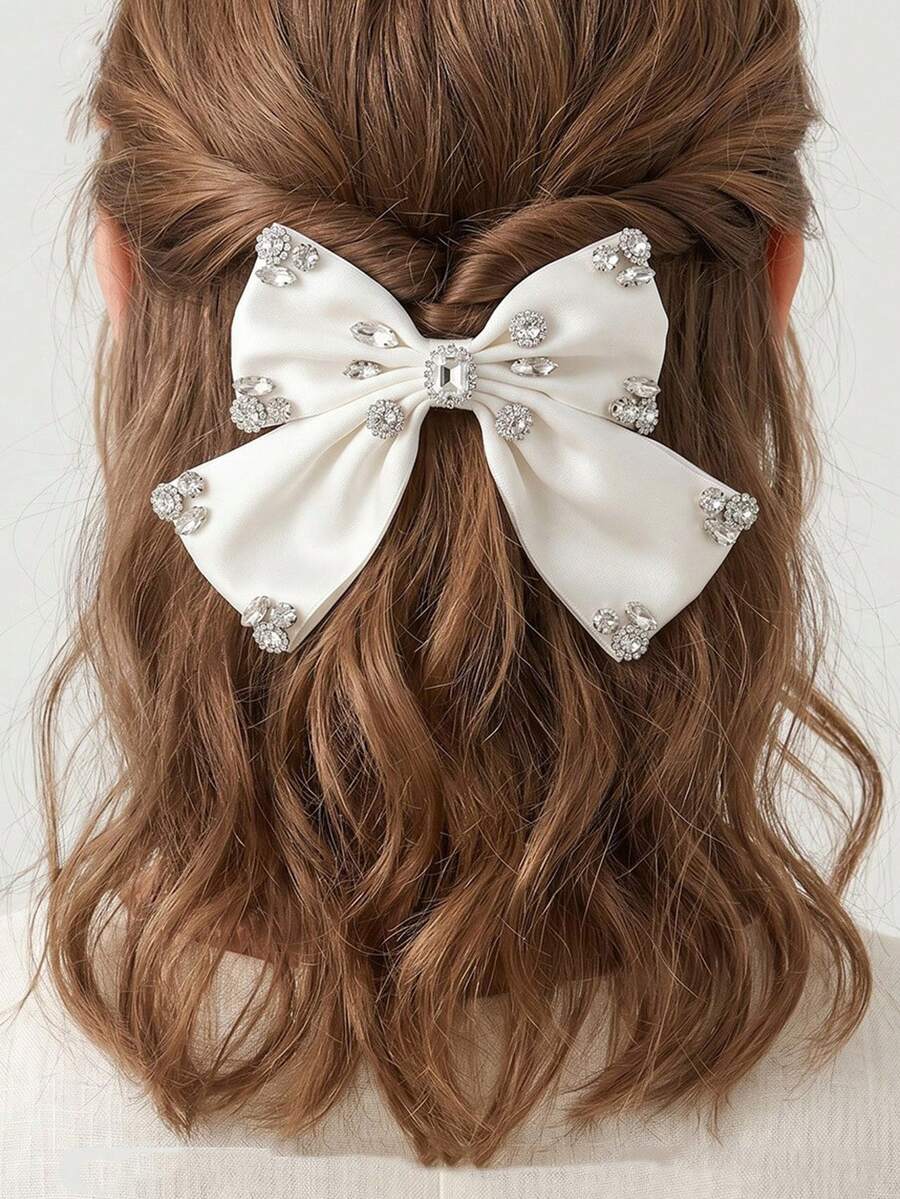 1pc Elegant French Ballet Style Big Bow Hair Clip, Satin Fabric Rhinestone Spring Clamp Hair Accessory - White - View 1