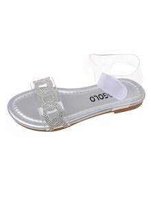 1 Pair Of Girls' Transparent Leather Sandals With Rhinestone Chain Decoration, Design, Flat Open-Toe Sandals, Stylish And Simple, Children's Summer Casual Comfortable Versatile Sandals. - Clear - View 9