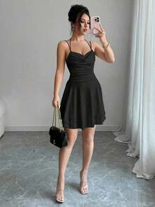 Vestido rosa color sexy con espalda descubierta y sin mangas, con pliegues, ideal para cumpleaños, conciertos, citas nocturnas, verano, fiestas de piscina y graduación - Negro - Ver 1