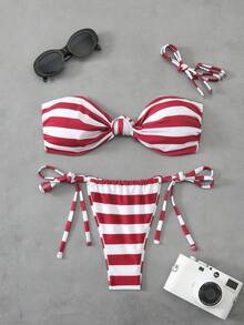 Bộ bikini sọc đỏ trắng thời trang nữ mùa hè 2026 với dây đeo hình bướm có thể tháo rời, đa năng cho tiệc bãi biển, kỳ nghỉ trên đảo, tiệc bể bơi, trang phục đi biển và nghỉ mát mùa hè. - Đỏ và trắng - Xem 2
