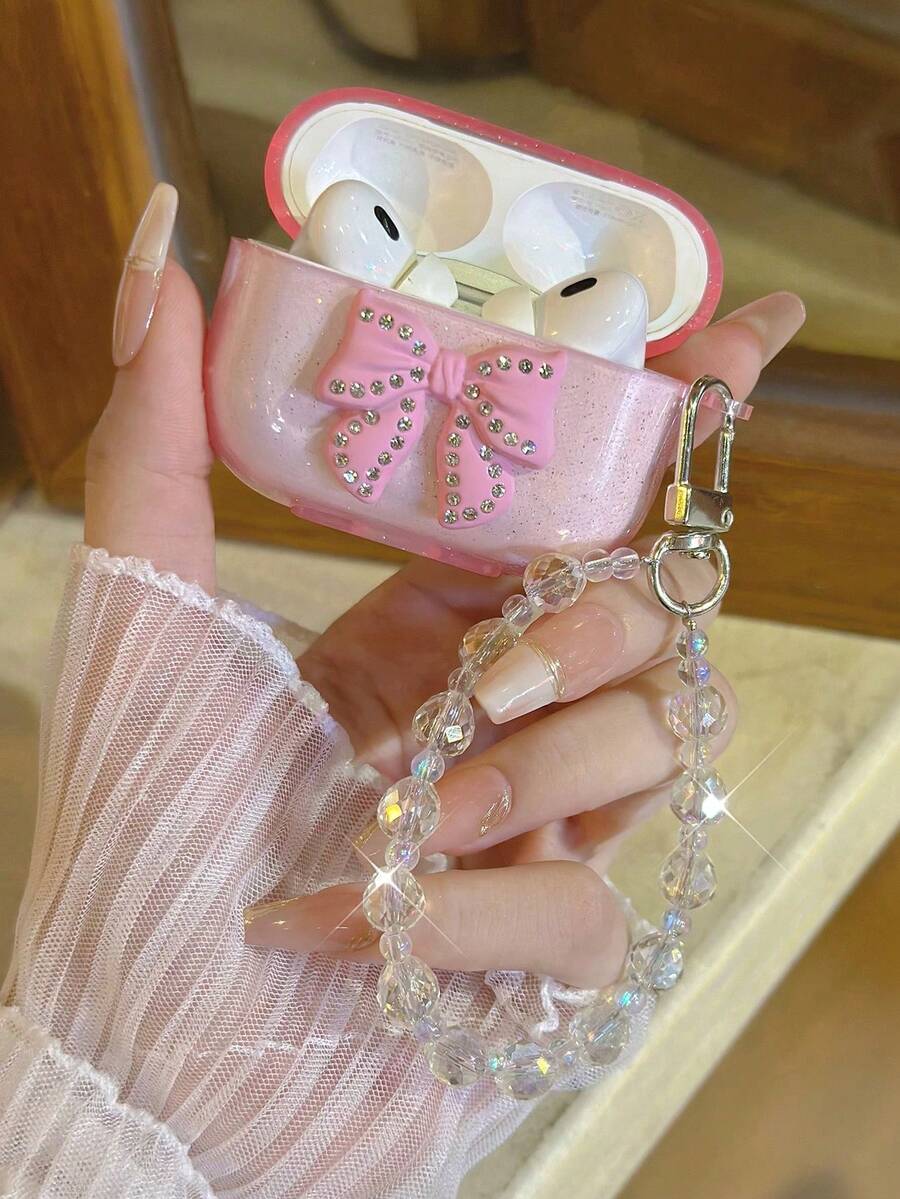 Estuche plegable para auriculares con purpurina y decoración de lazo con strass, compatible con 4 Pro, 3, 1/2, funda suave para auriculares Bluetooth, rosa/azul brillante - Rosa - Ver 1