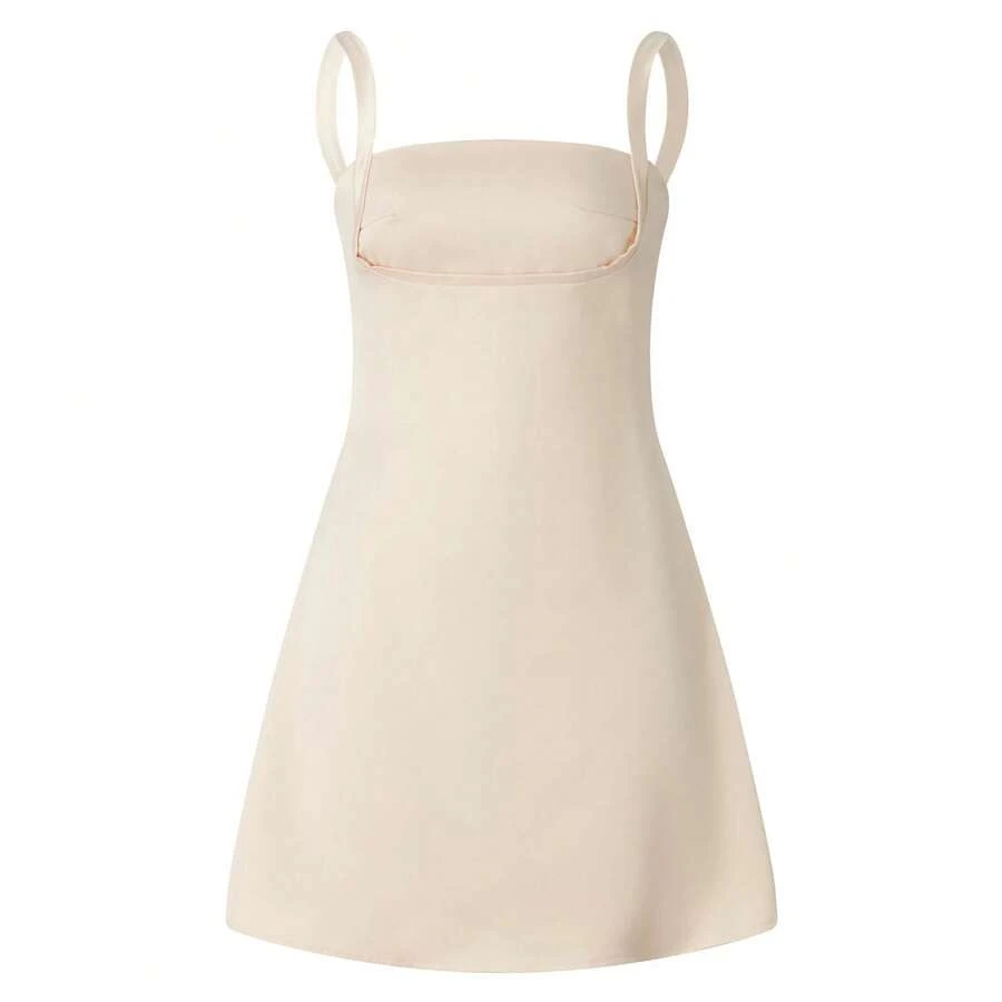 Combhasaki-Vestido corto sin mangas de corte bajo para mujer, minivestido Sexy de Color liso con cuello cuadrado y cintura alta, para fiesta de verano - Champán - Ver 1