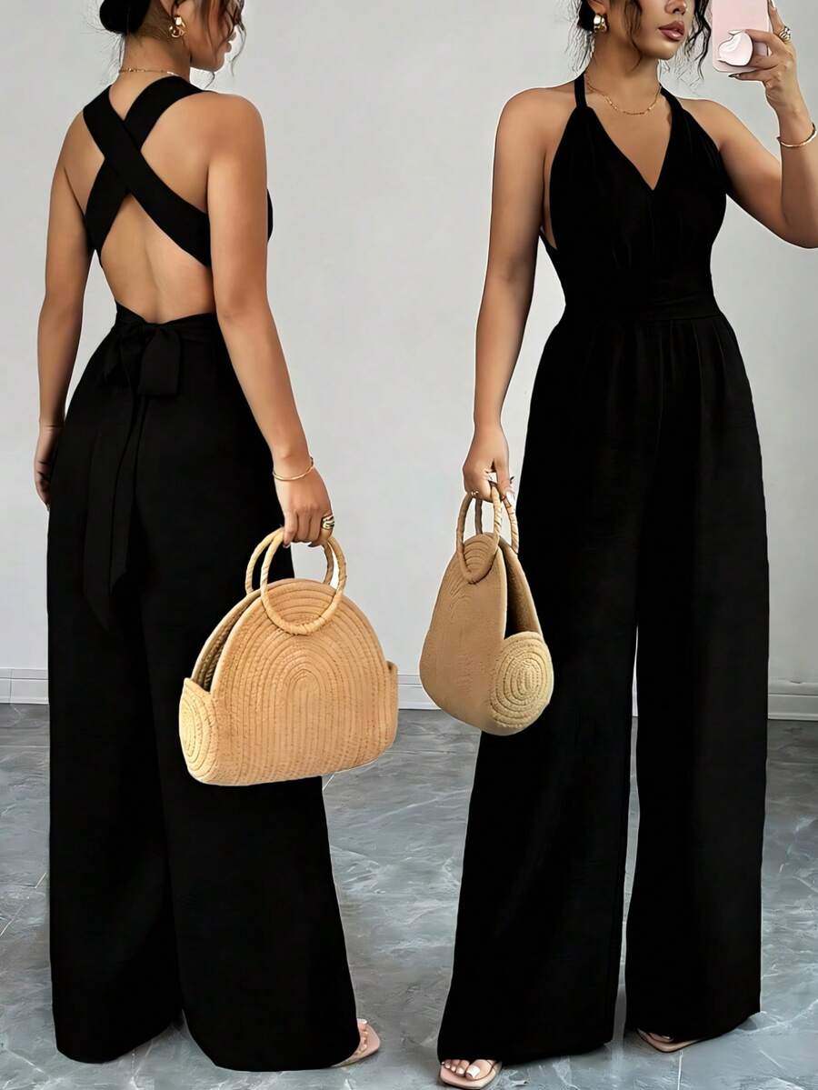 Plus Women's Halter Neck Wide Leg Jumpsuit, V-Neck Backless Crisscross Tie Waist Romper, Sleeveless Loose Fit, Lightweight Spring & Summer Outfit For Home, Outdoor & Casual Wear, All Ages,Tropical Vacation Outfits,4th Of July Outfit Women,Tropical Outfits For Women,Tropical Vacation Outfits,Women's Plus-Size Jumpsuit, - 黑色 - 查看 1